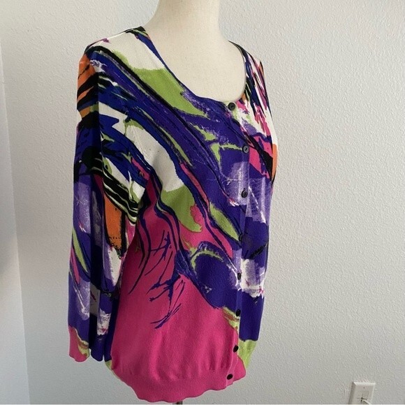 Joseph A Purple Pink Blue Black Abstract Print Sweater Button Front Sexy Size L - Picture 1 of 11